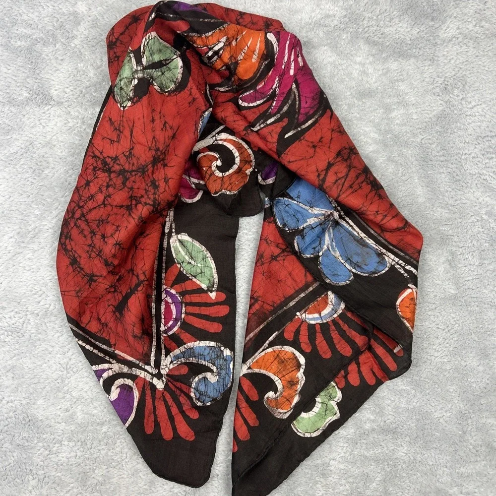 Batik 100% Silk Scarf 34 in‎ Square Red Hibiscus Made in India